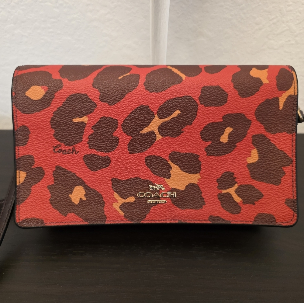 Coach Red and Brown Leopard Ocelot Print Leather Crossbody Bag - Picture 1 of 16